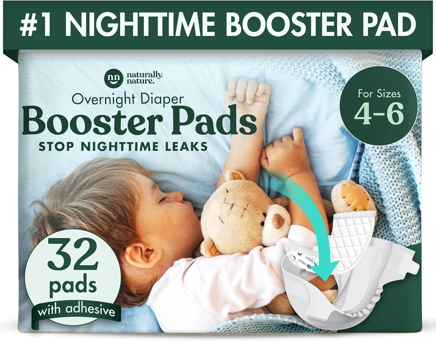 Naturally Nature Overnight Diaper Doubler Booster Pads with Adhesive for Pull-On & Regular Diapers | Nighttime Leak Protection for Heavy Wetters and Active Sleepers for Boys & Girls image number 1