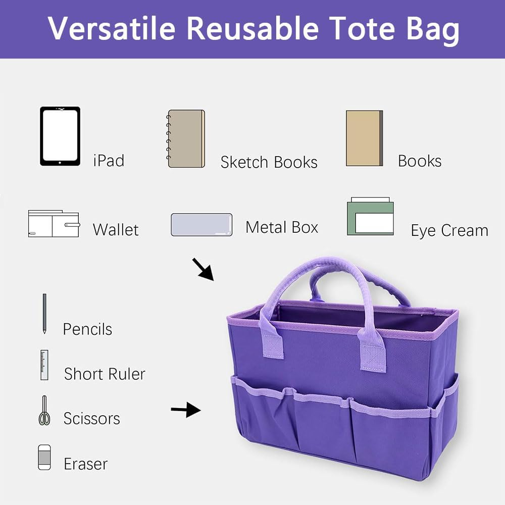 Purple Art Organizer Tote Bag with Pockets and Handles, Large-Capacity Oxford Fabric Craft Storage Caddy for Teachers, Artists, Students, Travelers, and Office Use image number 4