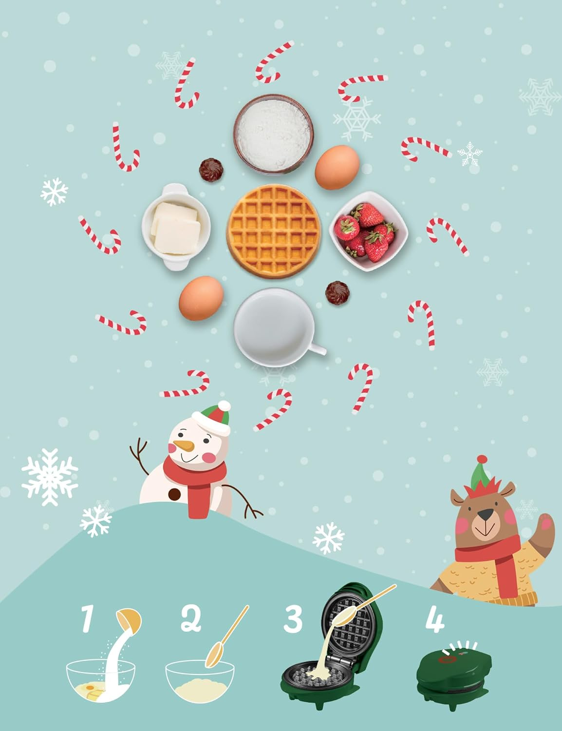 Bestron Mini Waffle Maker in Christmas Edition, Waffle Maker with Non-Stick Coating, Waffle Maker Ideal for Christmas, Parties or as a Gift, Waffle Size: 10 Cm, Colour: Matte Green - Matte Green image number 6