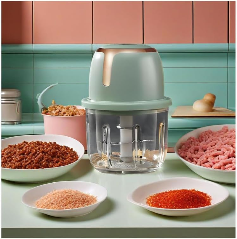 NJDQFA Glass Food Processor, Electric Food Chopper, 350ML with USB Charging, Chicken Shredder, for Vegetables, Onion, Meat, Chili, Ginger, Fruits, Salad,Green