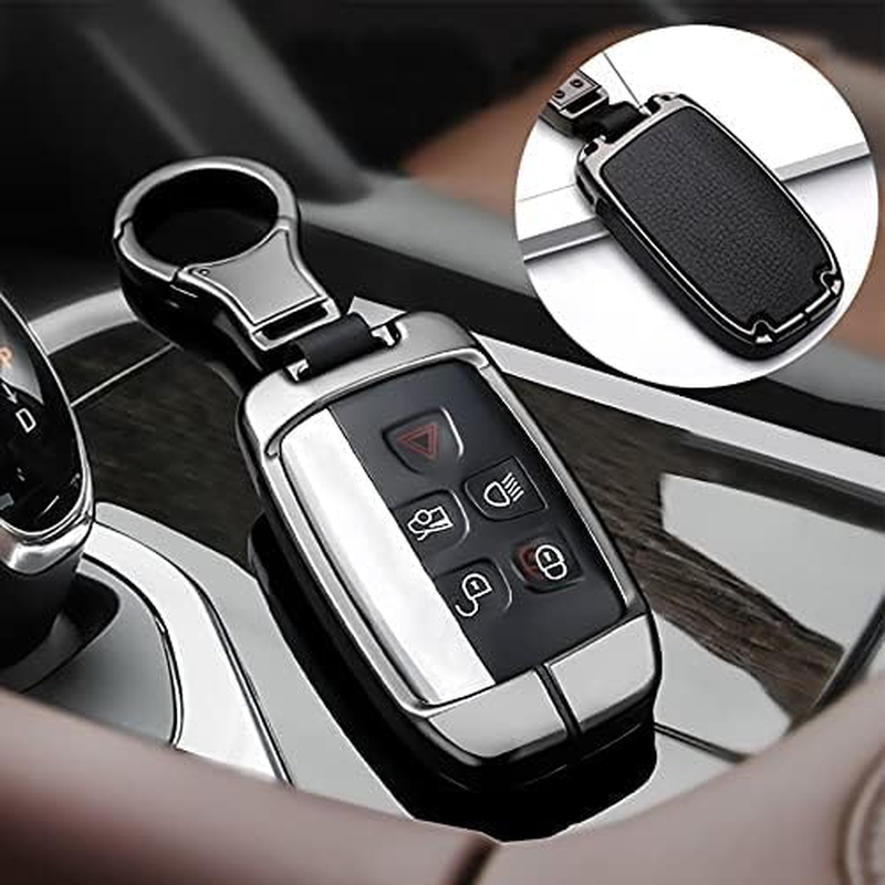 HIBEYO Zinc Alloy Leather Key Fob Case Cover for Land Range Rover Discovery Jaguar XJ F-PACE F-Type - Silver Black image number 6