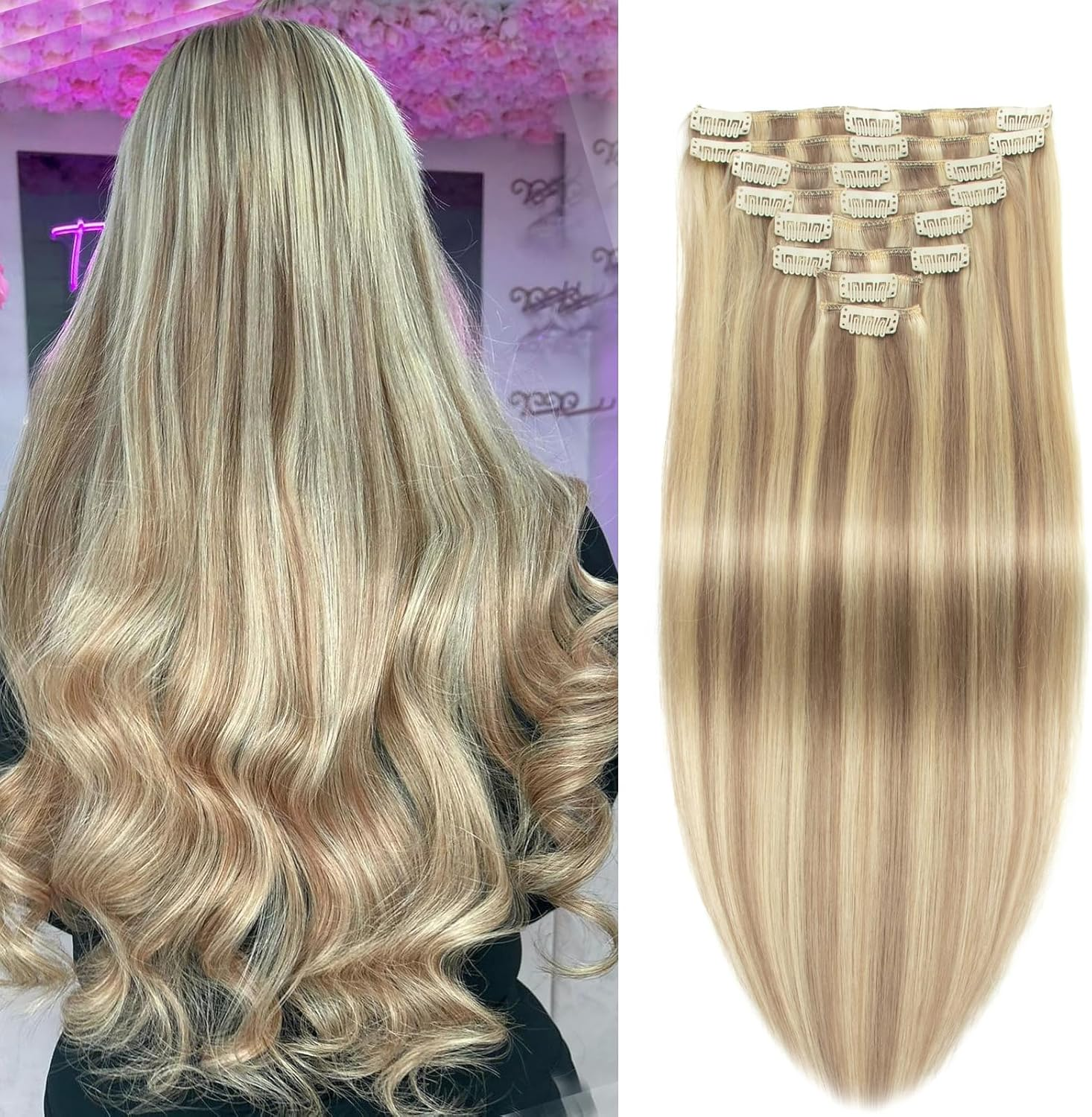 Clip-In Hair Extensions, Real Hair, Balayage, Honey Blonde to Blonde, Clip in Hair Extensions, 100G, 100% Remy Human Hair for Women, Straight, 8 Pieces with 18 Clips, Double Weft, 20 Inch