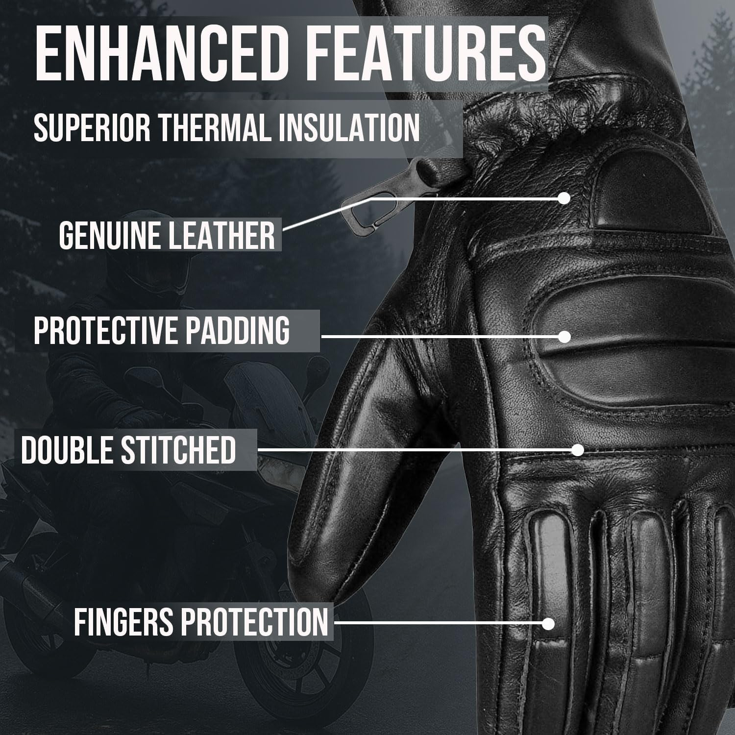 New Thinsulate Motorcycle Leather Full Gloves Black S image number 5