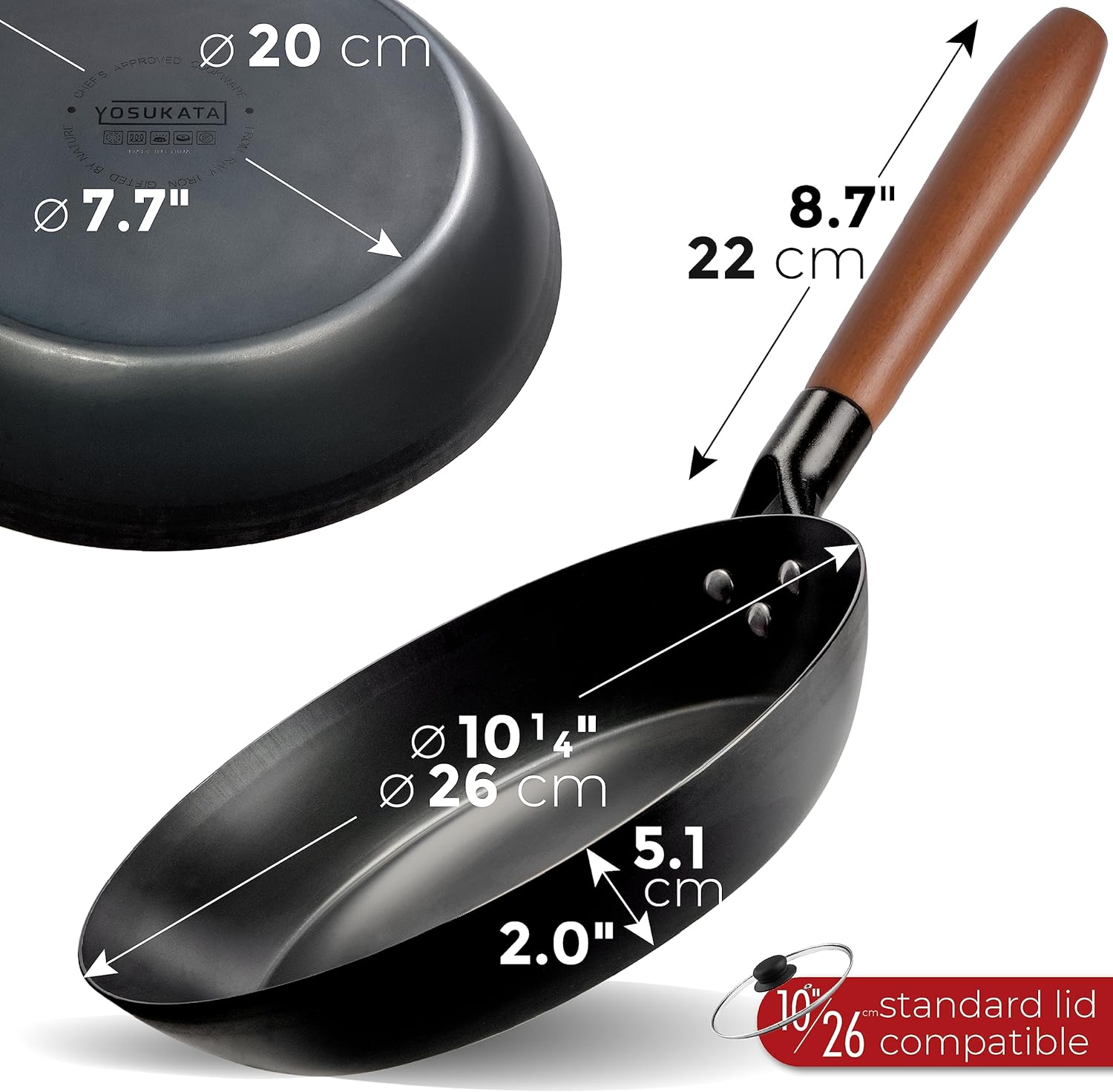 No Coating Carbon Steel Pan - Durable 26 Cm Frying Pan - 26 Cm Pans for Cooking Healthy and Delicious Meals - Carbon Steel Pan with Removable Heat-Resistant Wooden Handle - Easy to Clean Fry Pan&hellip; image number 2