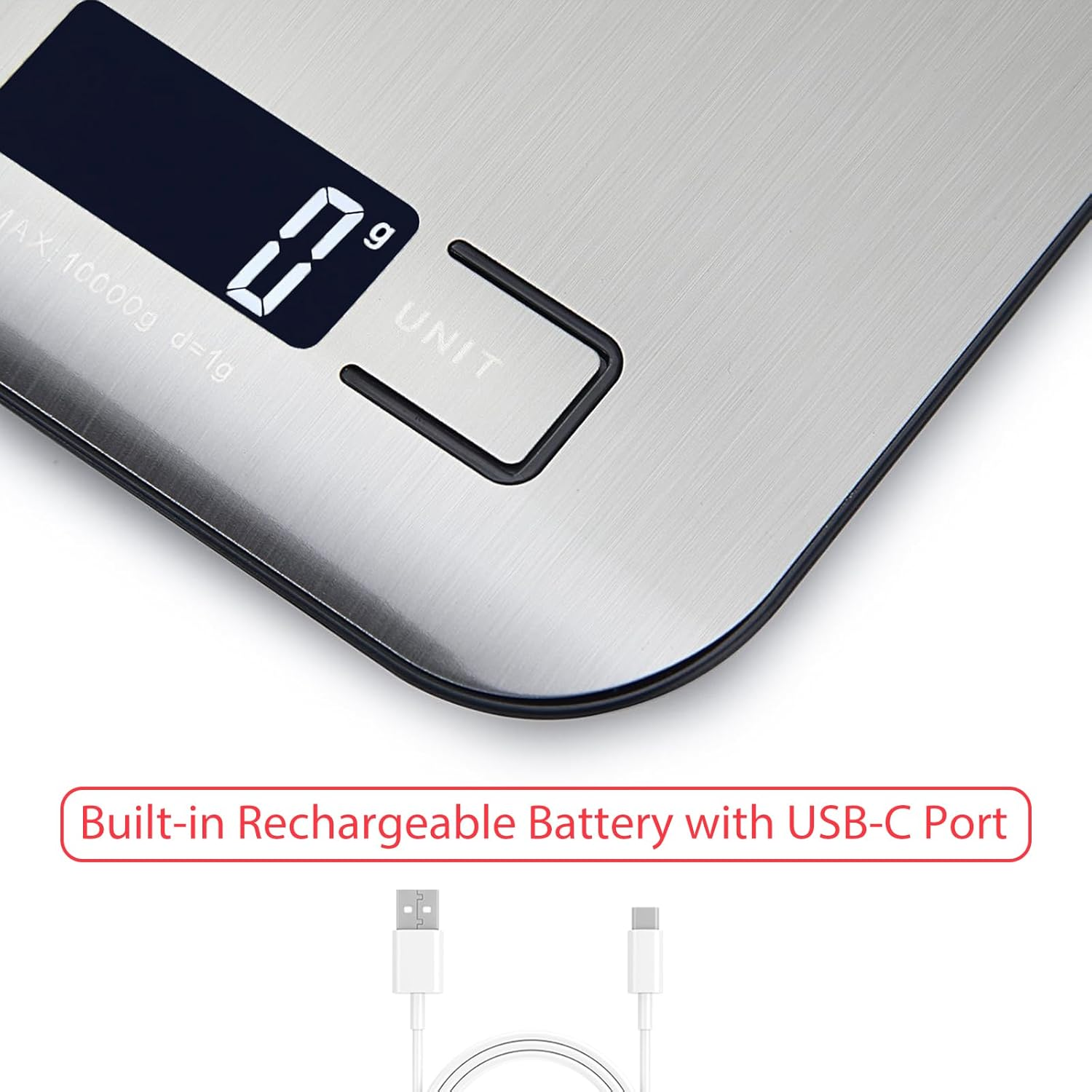 FEBHBRQ Rechargeable Kitchen Scale with USB-C Fast Charging, 10Kg/22Lb Digital Food Scale, 1G Precision, Stainless Steel Platform, Multiple Units (G/Lb/Oz/Ml), Tare Function - Easy to Clean & Auto-Off image number 2