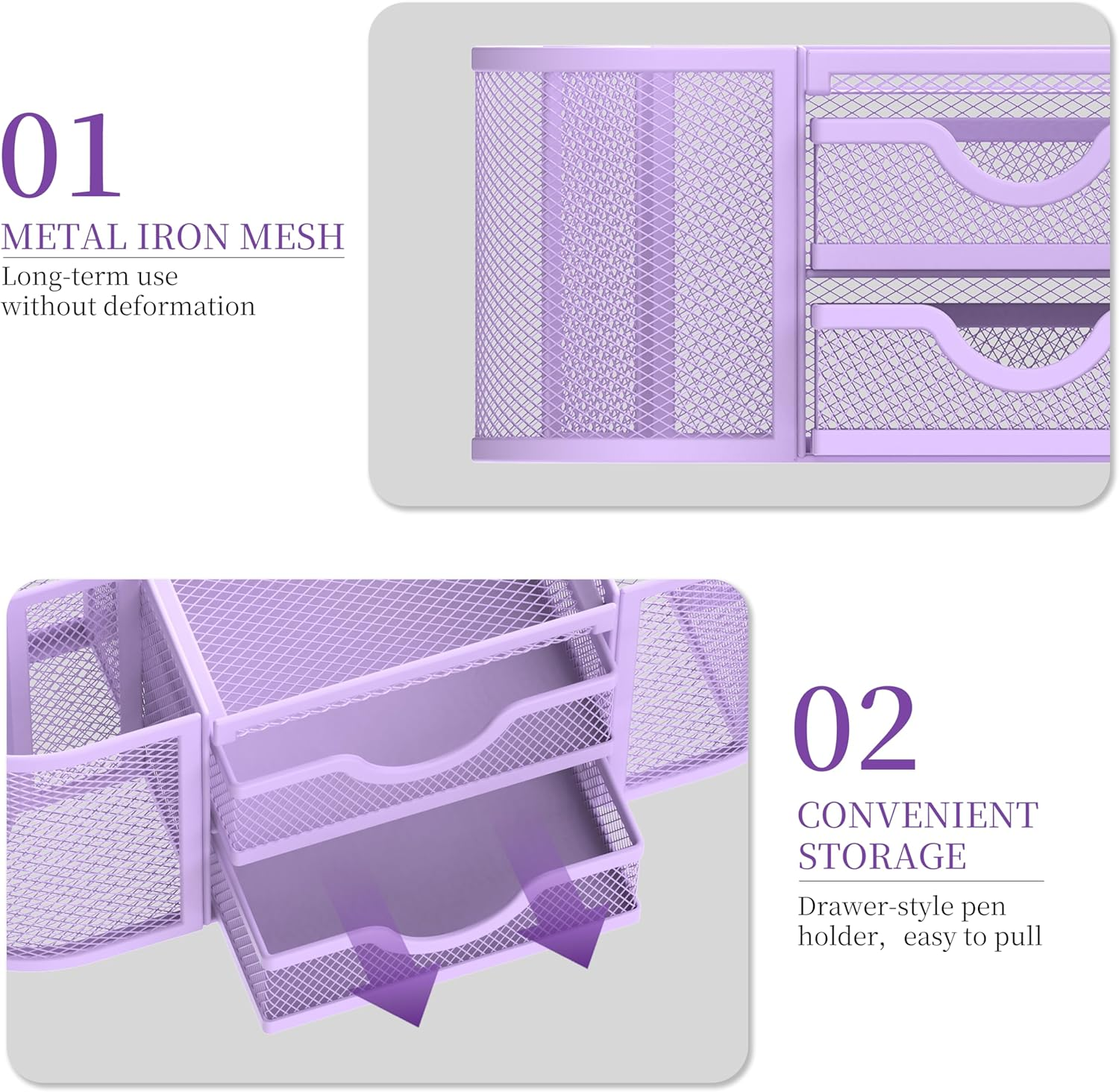 SUPEASY Mesh Desk Organizer, Desk Organizers and Accessories, Pen Holder with Drawers, Pencil Holder for Desk with 2 Drawer for Office Supplies, Purple