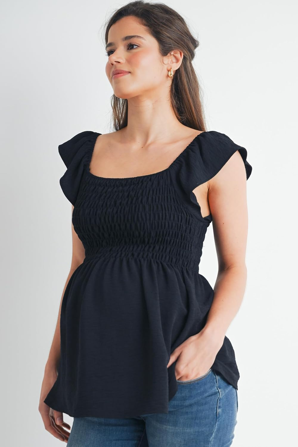 Women'S Square Neck Smocked Blouse Ruffle Cap Sleeve Maternity Top image number 3