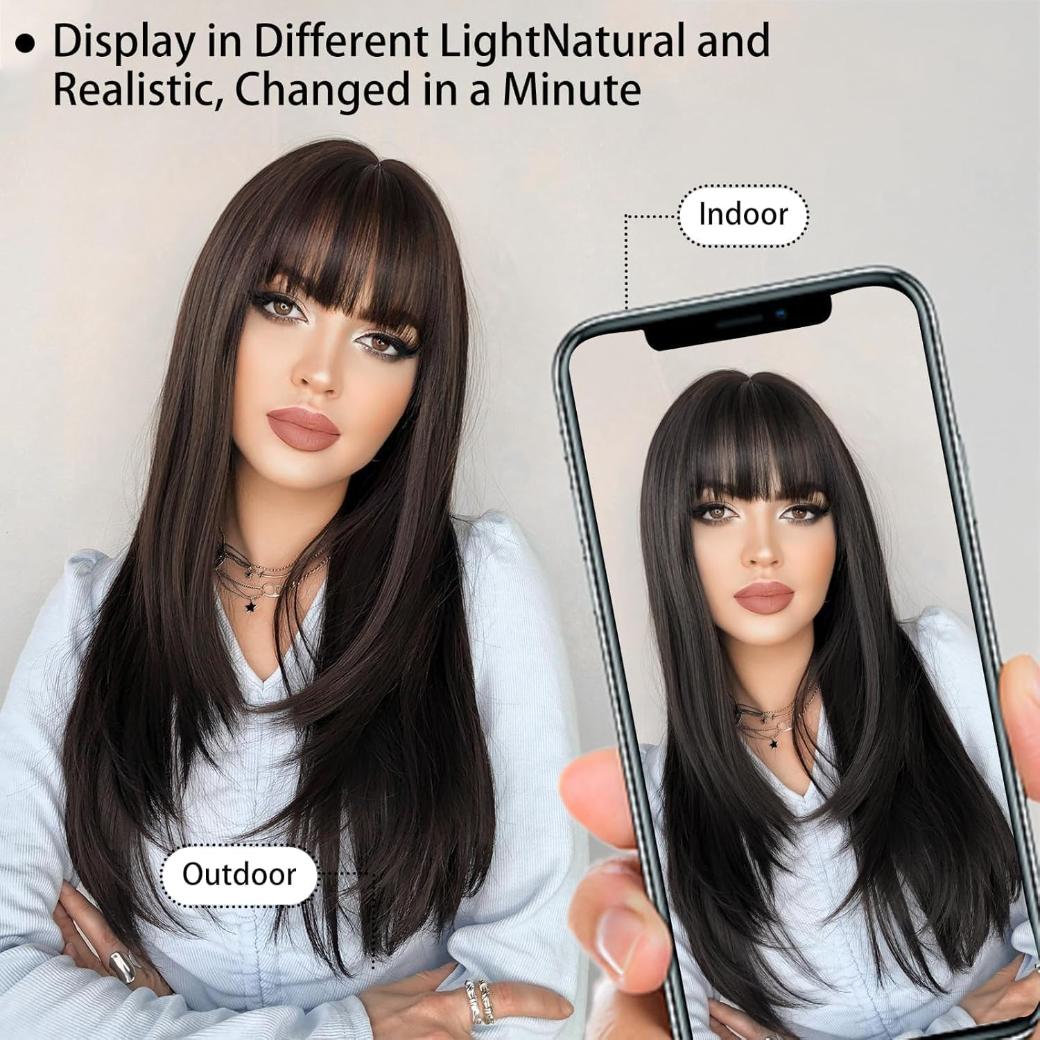 XILIYAI Long Black Straight Wigs for Women 26 Inch Glueless Realistic Synthetic Wig with Bangs Heat Resistant Natural Layered Wig for Girls Daily Party Cosplay - Black-Wavy image number 6