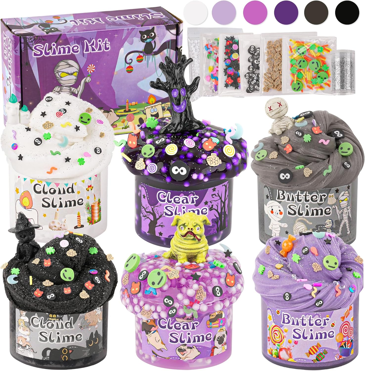 LAWOHO Set of 6 Purple and Black Slime Set with Fluffy Cloud Slime, Clear Slime & Butter Slime, Children'S Birthday Halloween Party Bag Girls and Boys