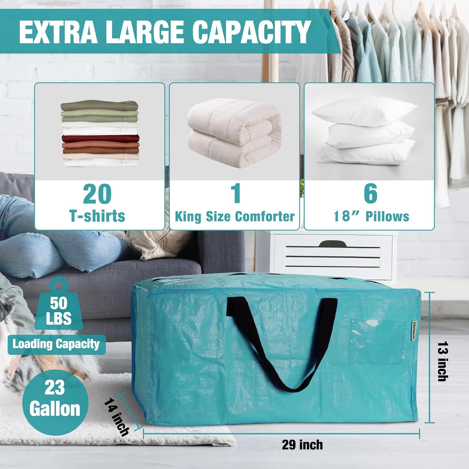 WORKPRO 6 Pack Extra Large Moving Bags with Zippers & Carrying Handles Backpack Straps, Heavy-Duty Storage Tote for Space Saving & Storage, Alternative to Moving Box (Blue) image number 6
