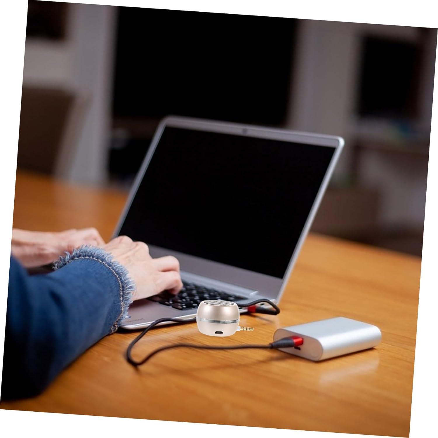 Mini Speaker 3.5Mm Aux and USB Rechargeable Desktop Loudspeaker for Mobile and Laptop, Portable Wired Aux in Speaker, Compact Gold Finish Sound System for Travel and Home Use