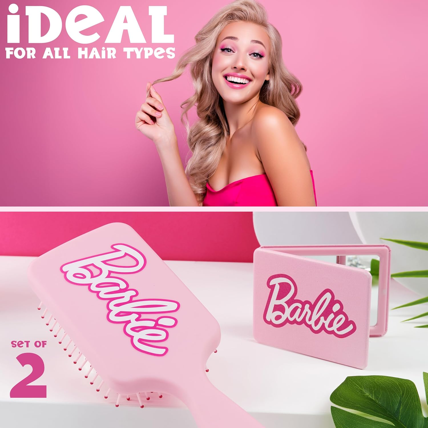 Barbie Detangle Hair Brush for Women Teenagers Girls, Paddle Brush and Compact Mirror Set - image number 5