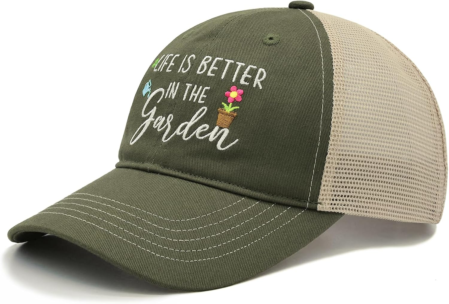 MINYJHZ Gardening Gifts for Women, Gardening Hat for Plant Lovers, Life Is Better in the Garden, Adjustable Embroidered Garden Trucker Hat Armygreen image number 1