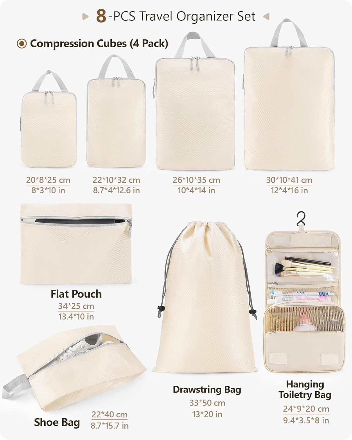 TRMFUSA Compression Packing Cubes 8 Set, Suitcase Organiser Bags, Travel Cubes for Suitcases, Luggage Organiser Packing Bags, Flight Cruise Holiday Essentials (Beige)
