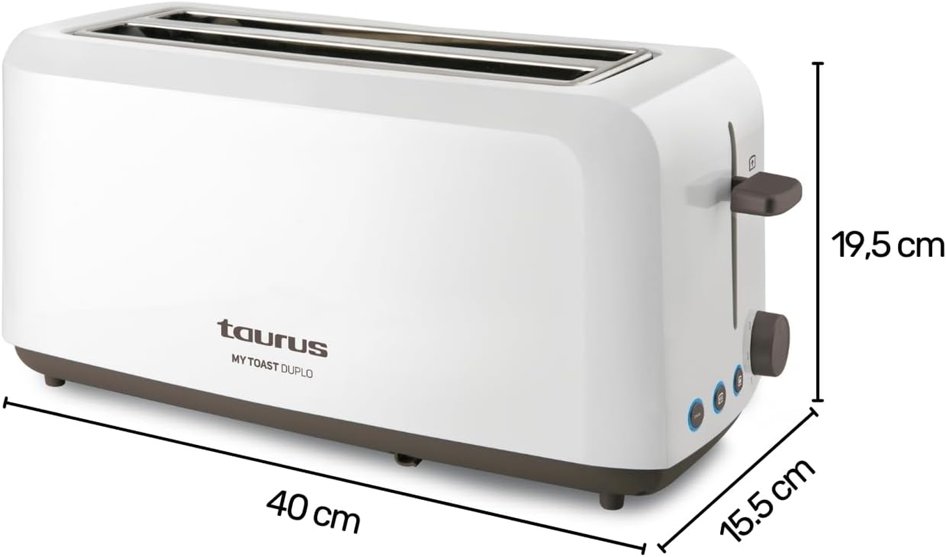TAURUS Mytoast 3 Duplo Toasters 1450W Three Function LED Light 0 Decibels 2 Extra Long Slots Plastic White