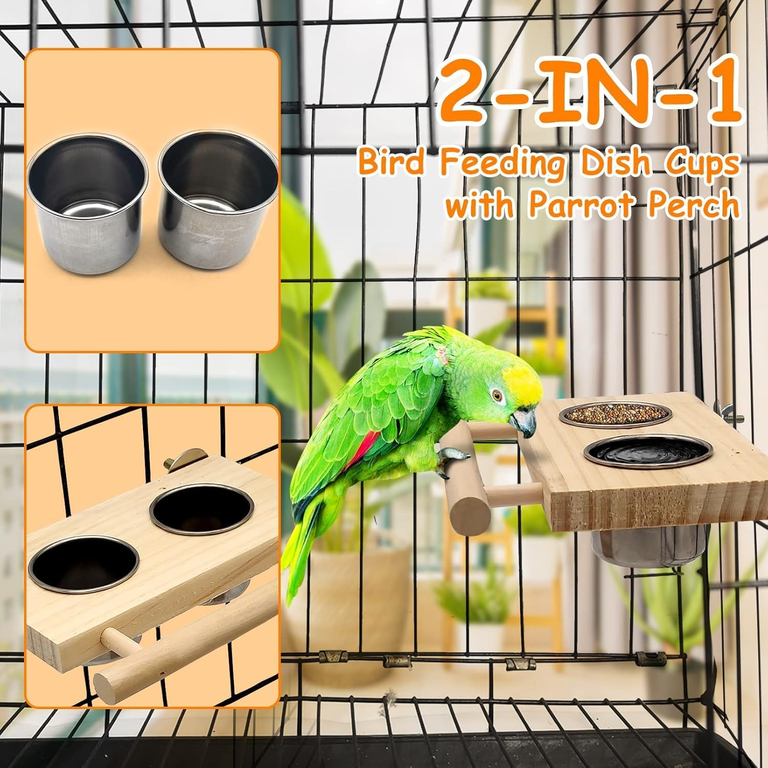 THJOPOKEEL Bird Food Stainless Steel Cup with Wooden Perch Hanging Feeder Double Bowl Parrot Feeding Tray and Water Feeding Cup with Stand, Food Water Feeder Cage Accessory Easy to Install image number 4