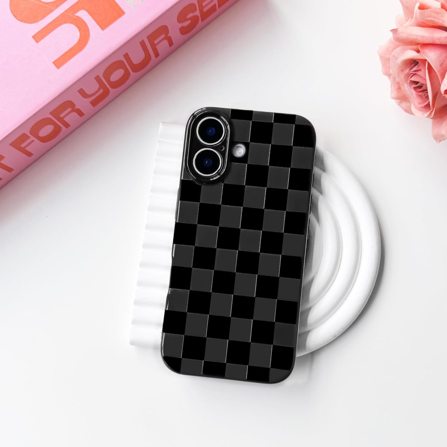 NITITOP Compatible with Iphone 17 Case Cute Aesthetic Checkerboard Checkered Pattern for Women Girl Trendy Slim Fit TPU Silicone Shockproof Full Camera Protection Cover - Black image number 5