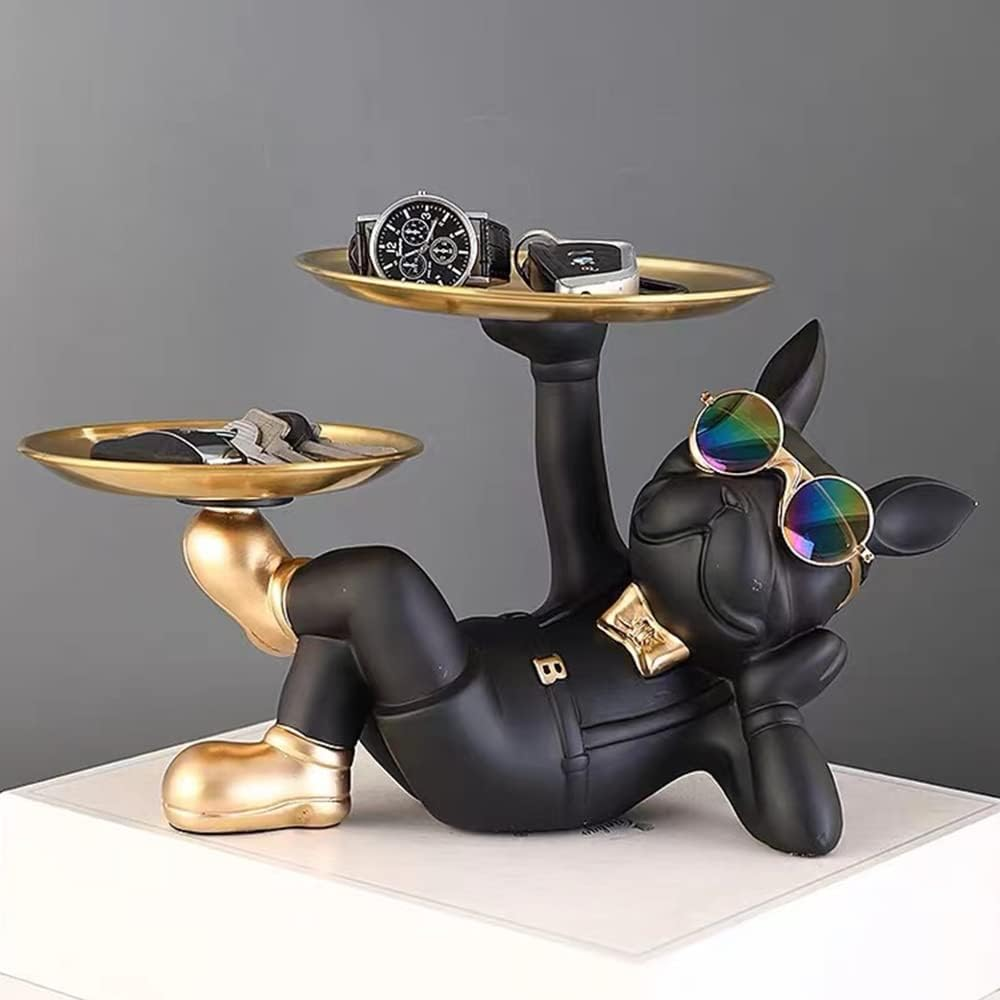 BAOJULONG Cool Resin Dog Statue Black 2 Metal Trays with Cute Glasses French Bulldog Figurine Sculptures Home Decor Gift image number 4