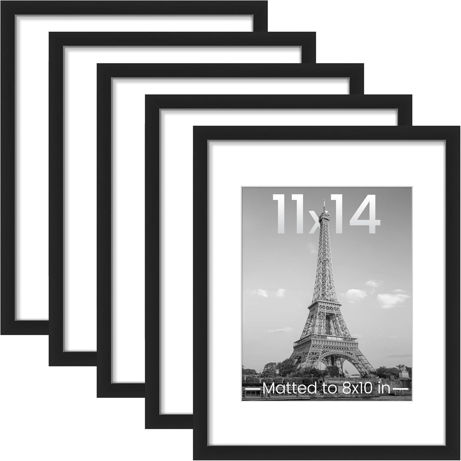 Upsimples 11X14 Picture Frame Set of 5, Display Pictures 8X10 with Mat or 11X14 without Mat, Wall Gallery Photo Frames, Black image number 6