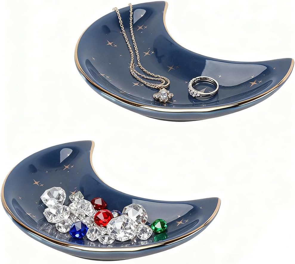 HYAVIA 2 Pack Blue Moon Jewelry Trays with Stars &ndash; Small Ceramic Ring Dishes, Decorative Vanity & Bathroom Trinket Holders for Rings, Necklaces, Earrings & Keys image number 4