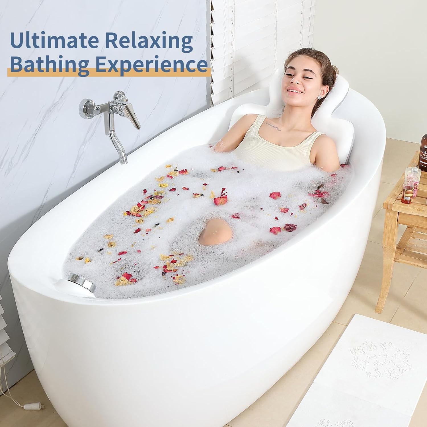 Bathtub Pillow Full Body, Luxury Bath Cushion for Tub with 160 Suction Cups, Bath Mat for Head and Neck Support with Laundry Bag White (51.2" X 16.2") image number 4