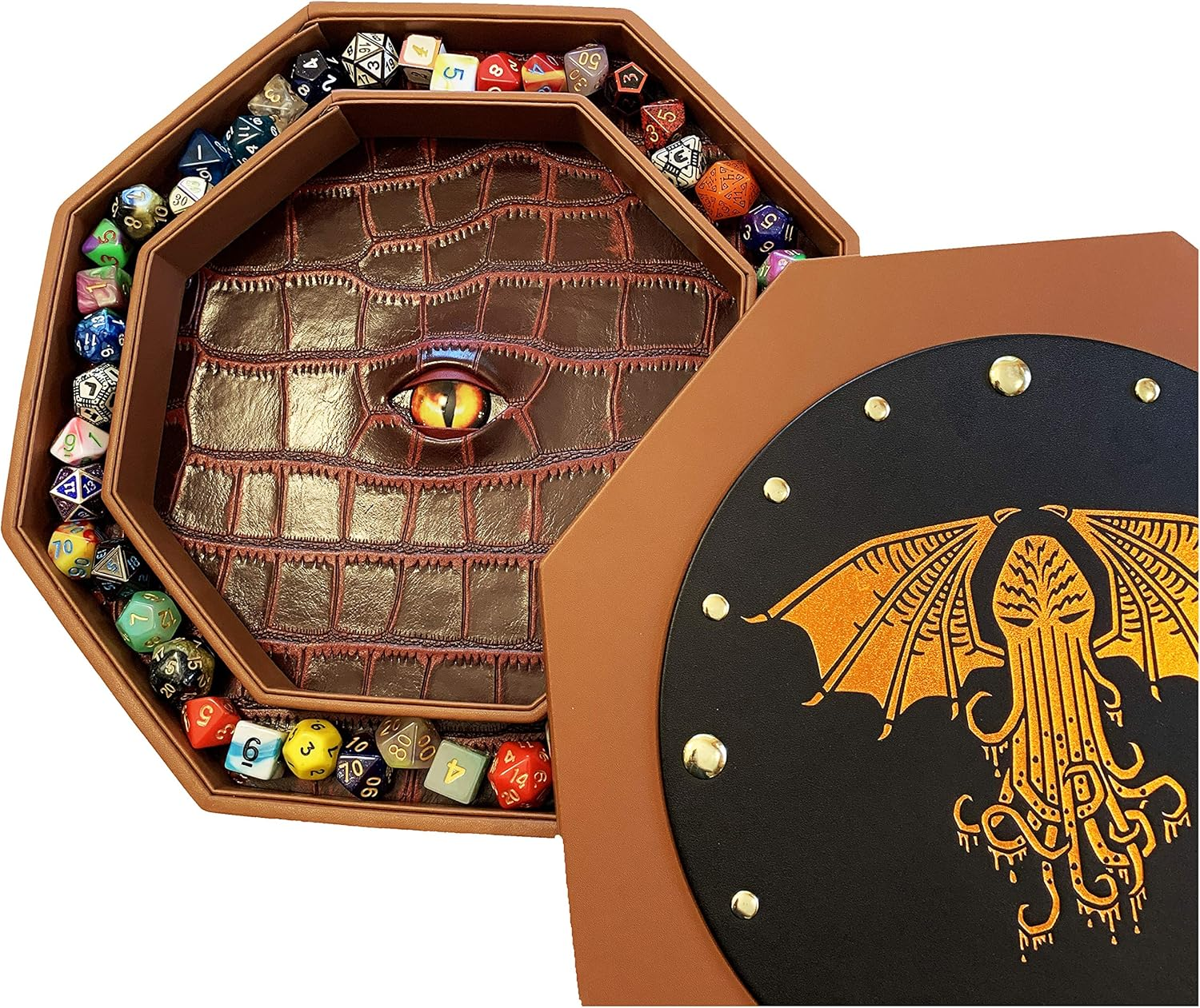 Fantasydice-Cthulhu Tome-Blue- Dice Tray - 8" Octagon with Lid and Dice Staging Area- Holds 5 Sets( 7 Dice Set/ Standard) for All Tabletop Rpgs like D&D , Call of Cthulhu, Shadowrun.