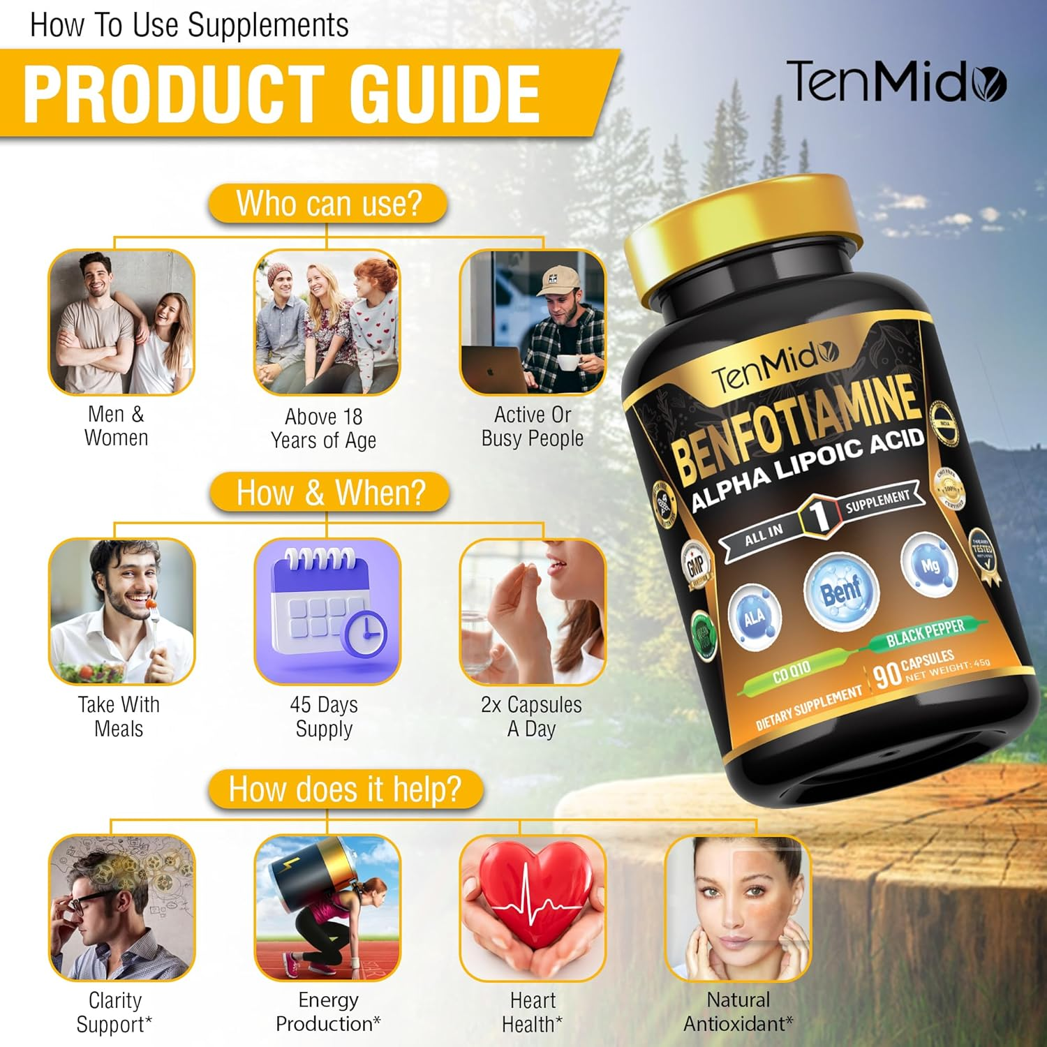 Benfotiamine with Alpha Lipoic Acid (ALA), Coq10, Magnesium Glycinate & B-Complex Supplements - High Absorption - 90 Vegan & Non-Gmo Capsules image number 1