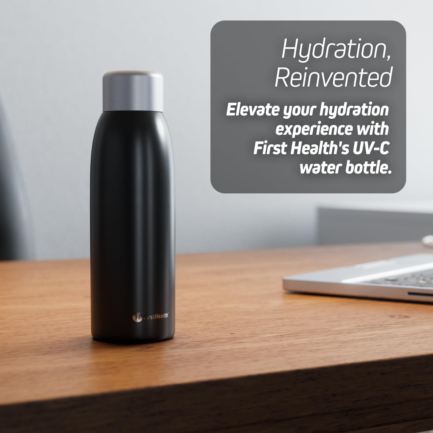 FIRSTHEALTH UV Self-Cleaning and Water-Purifying Bottle -18 Ounce Insulated Rechargeable Stainless-Steel Tumbler, Reusable, Kills 99.9% of Germs, Bacteria. Keeps Hot for 12-HR or Cold for 24-HR