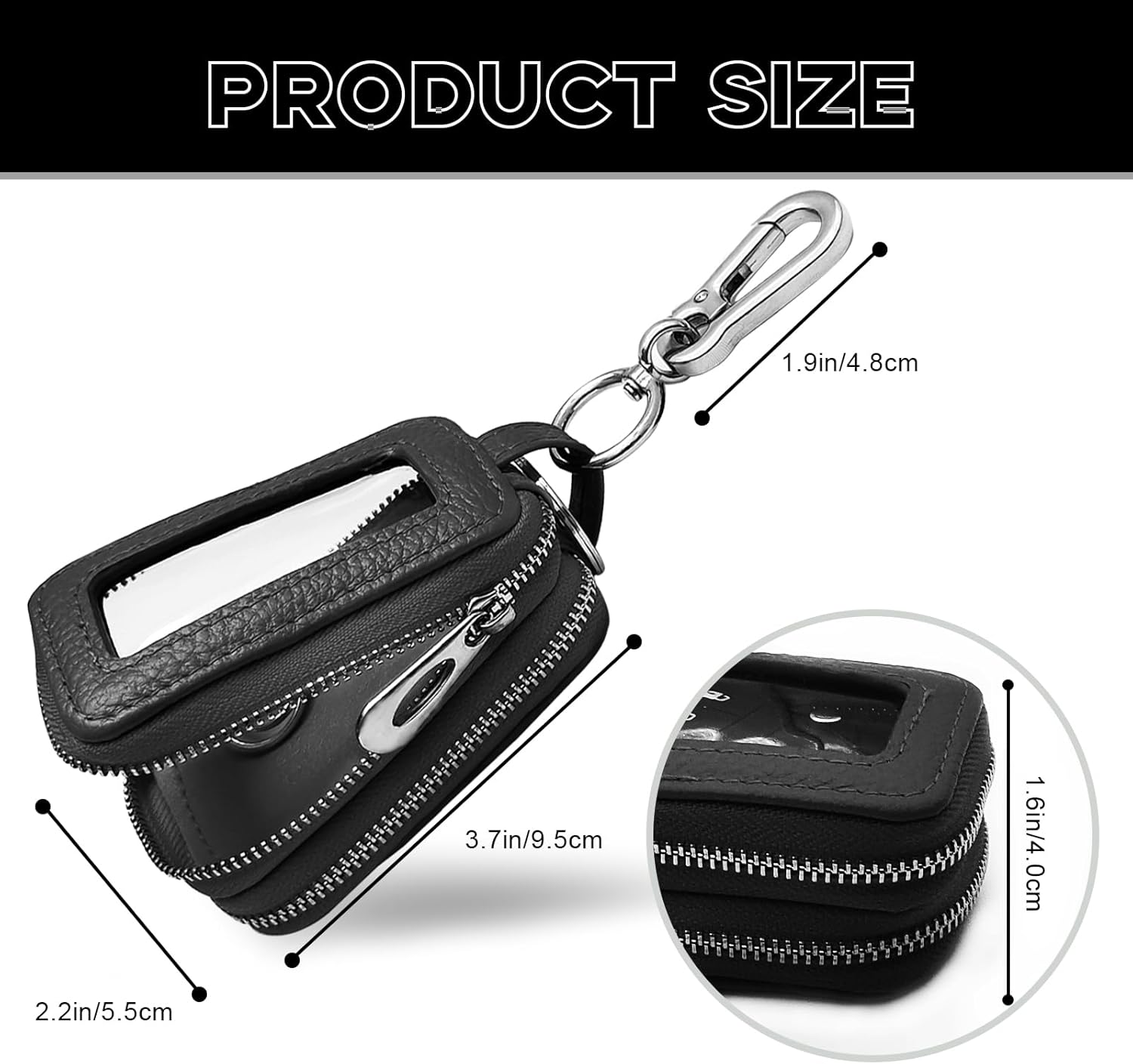 NTNEV Car Key Fob Case, Double Zipper Genuine Leather Protection Key, Universal Premium Car Key Fob Case, Metal Hook and Keyring with Transparent Window for Men Women (Black) image number 3