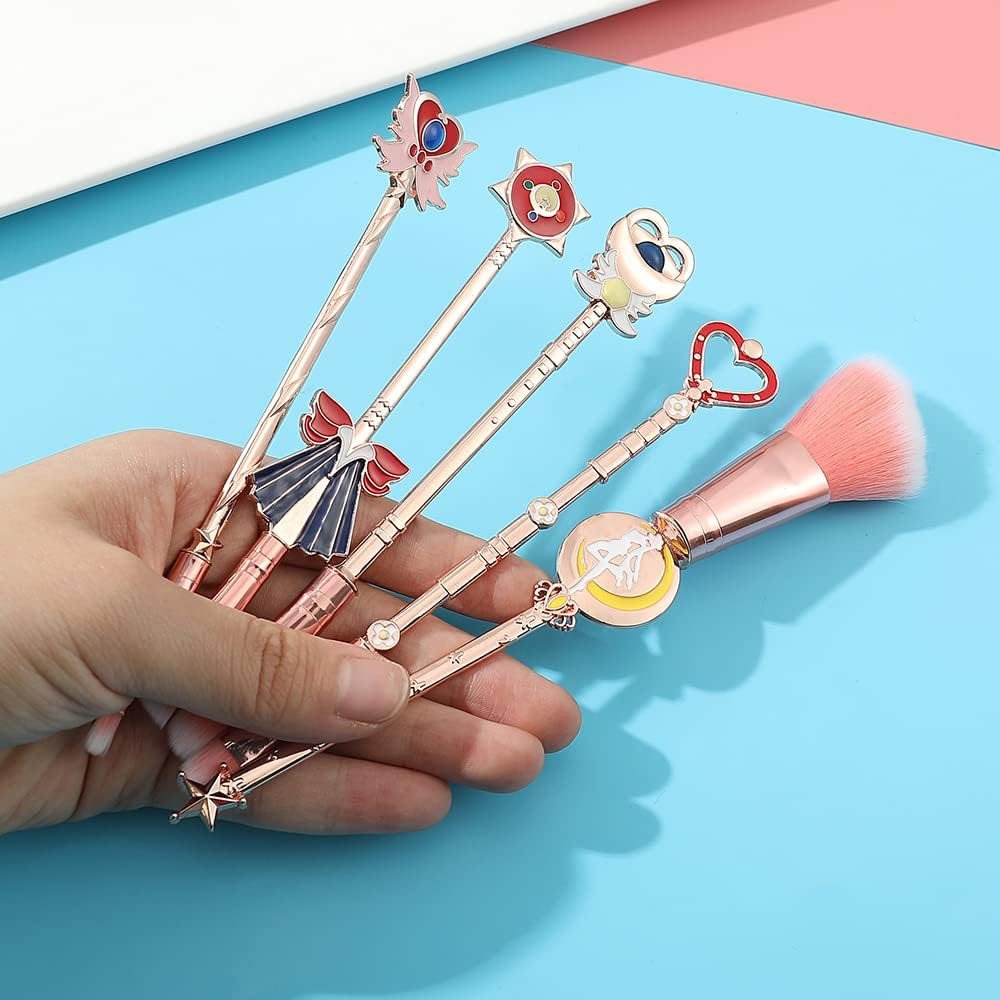 Rongji Jewelry Kawaii Sailormoon Makeup Brushes - 8Pcs Anime Magic Wand Brush Set with Pink Pouch, Professional Foundation Powder Flat Eyeline Blush Kit for Girl Women Fans (Pink 5Pcs) image number 5