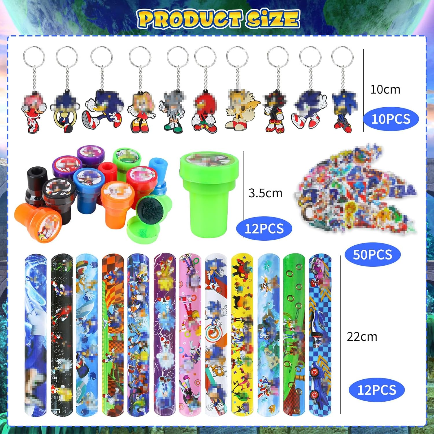 Pack of 84 Hedge-Hog Party Bags, Soni Children'S Birthday Party Bags, 12 Slap Bracelets Clap Bracelets, 12 Stamps, 50 Stickers, 10 Key Chains, Soni Birthday Gift Decoration image number 2