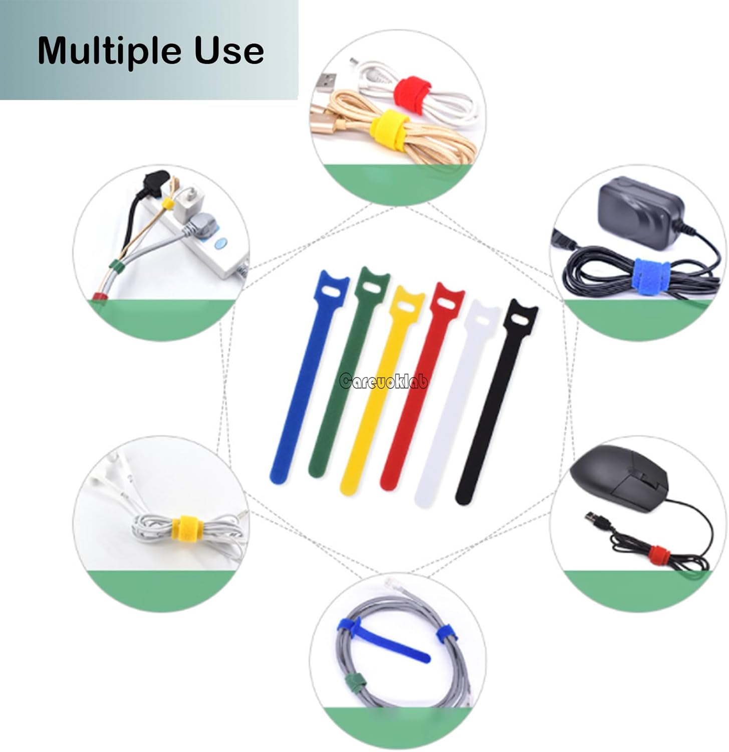 Careuoklab 120 Pcs Reusable Fastening Cable Ties, 6 Inch Adjustable Self-Adhesive Wire Ties, Cord Wrap & Cable Management Organizer - 6 Colors image number 3