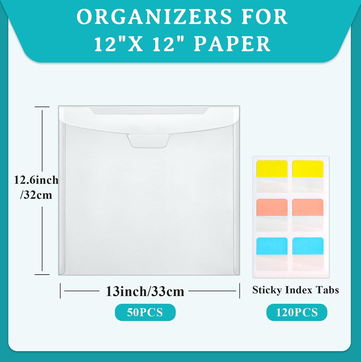 Caydo 50 Pieces Scrapbook Paper Storage with Buckle Design, Clear Scrapbook Paper Organizer with 120 Pieces Sticky Index Tabs for 12X12 Scrapbook Paper, Vinyl Paper, Photos (SC-022S) image number 2