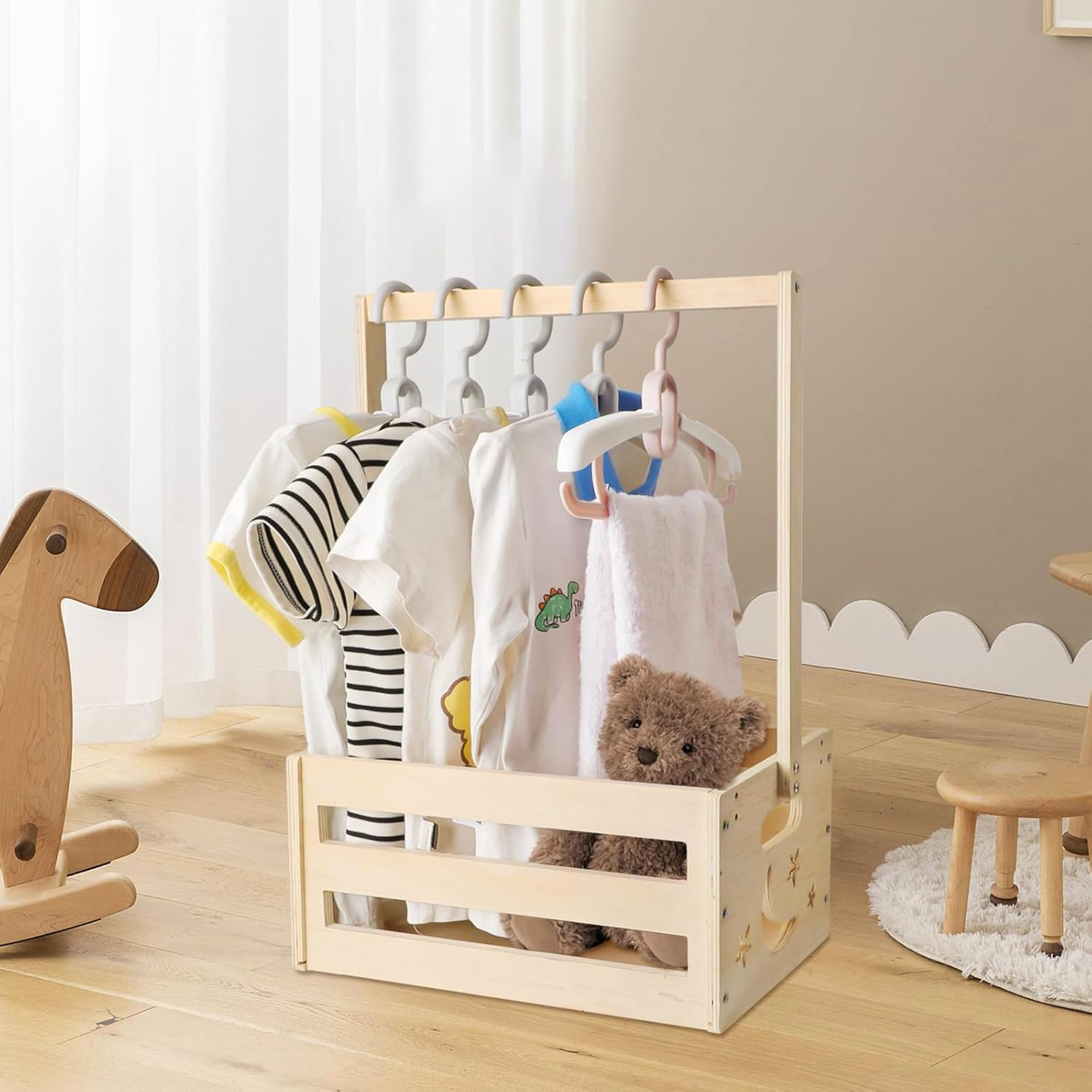 MUSONG Rustic Decorative Baby Storage Crate Hamper with Handle, Wooden Baby Shower Crate Closet, 34.4 X 23 X 54.5 Cm image number 3