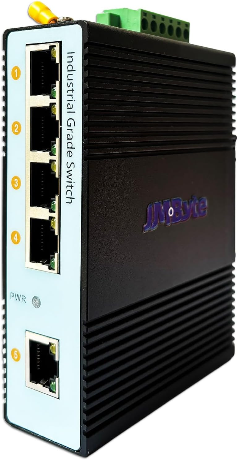 5-Port Gigabit Industrial Din-Rail Ethernet Switch, 5 Ports RJ45 10/100/1000Mbps Ethernet, Unmanaged Network Switch, 10Gbps Switching Capacity, IP40 Rated (JM-IN2054-G) image number 1