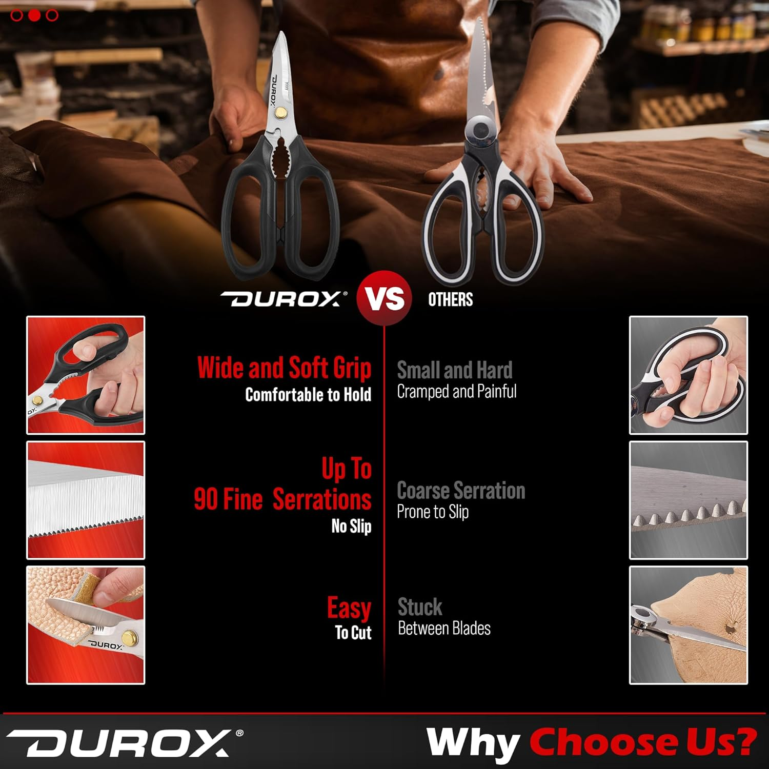 DUROX - Heavy Duty Scissors, Multipurpose Utility Scissors. Built to Cut Leather, Cardboard, Carpet, Plastic and Rope. All Purpose Heavy Duty Kitchen Scissors to Cut Poultry, Chicken and Fish Bones image number 5