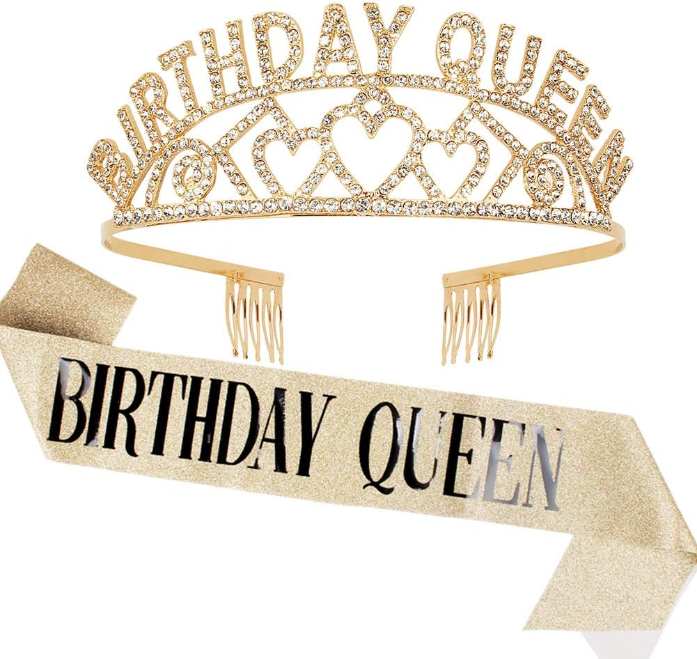 Birthday Tiara for Women Gold Birthday Queen Sash