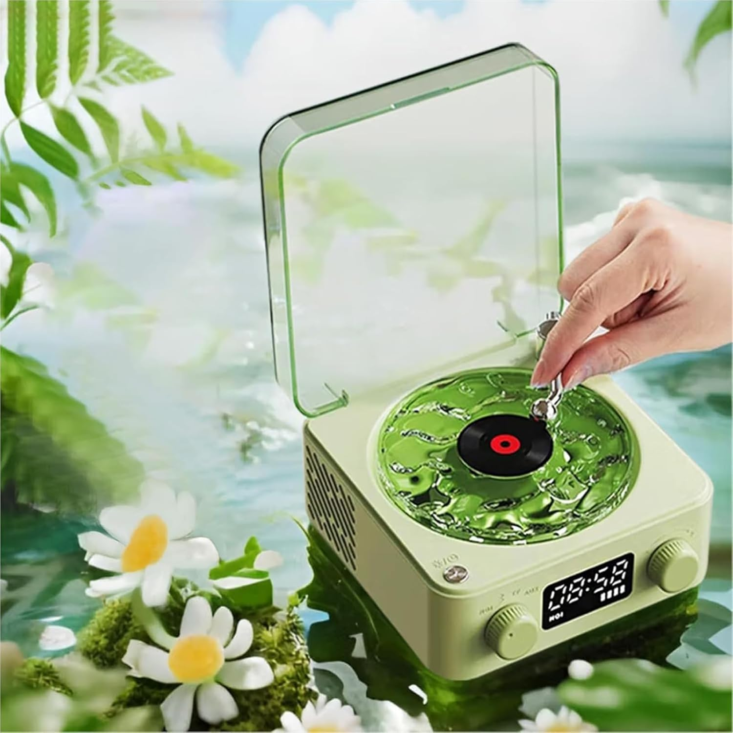Jiawu the Waves Player, Waves Bluetooth Speaker, Creative Vintage Record Player Style Speaker with Adjustable Ambient Light for Bedroom, Ocean Sound White Noise Wave Speaker (Green) - Roseate image number 2