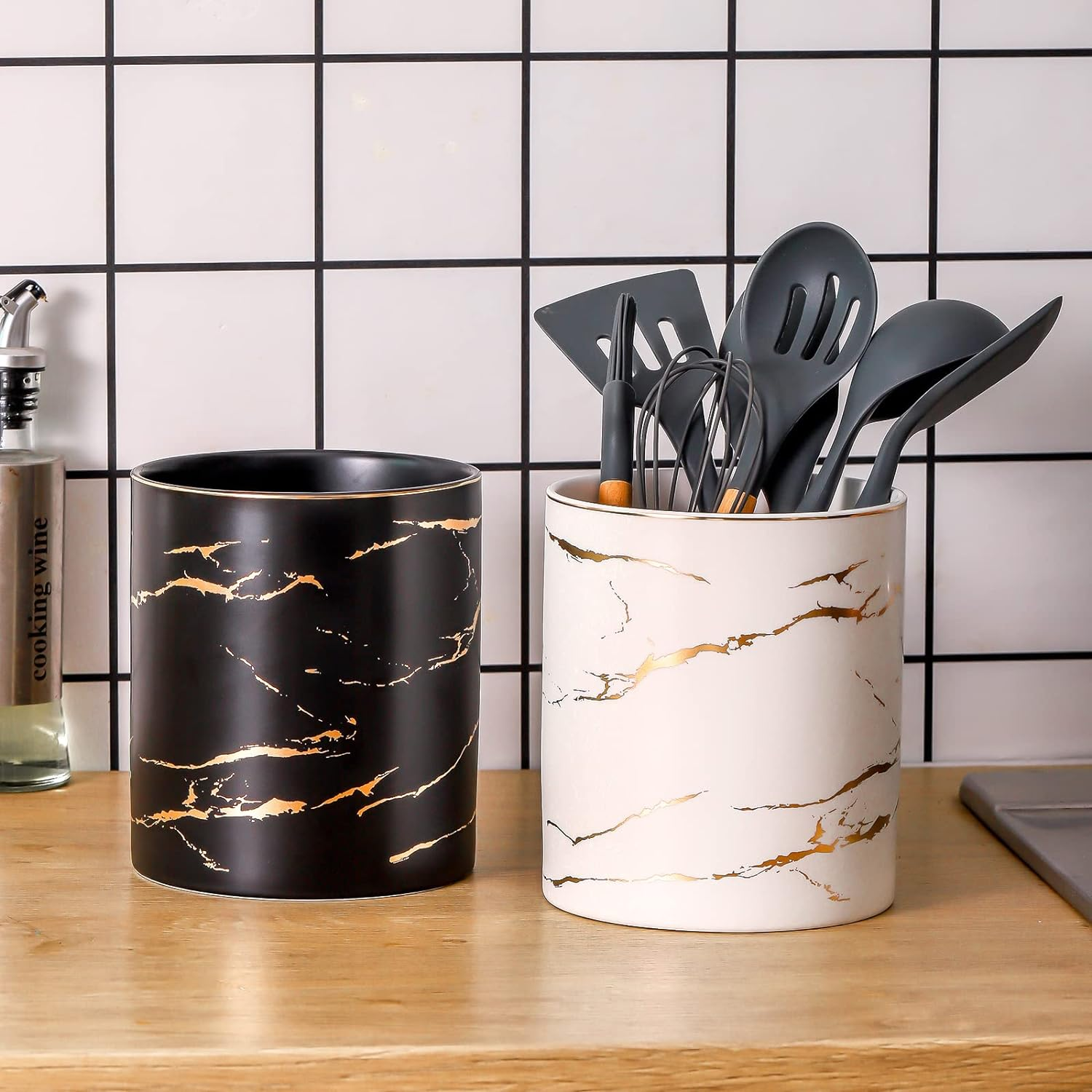 7.2 Inch Large Utensil Holder for Kitchen Counter, Golden Marble Utensil Crock Spatula Holder for Countertop Cooking Tools Storage Caddy Farmhouse Kitchen Decor (Marble-Black)