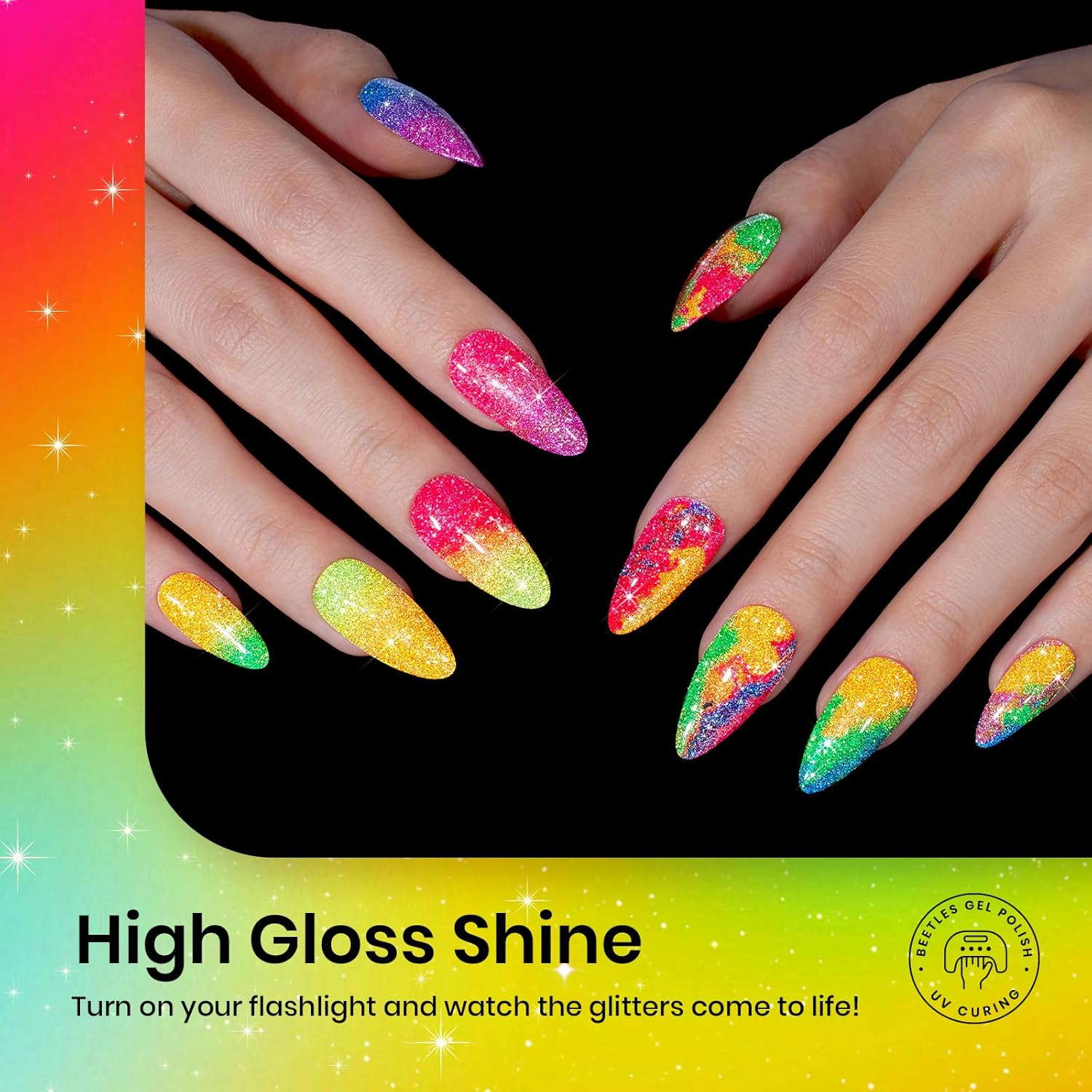 Beetles Gel Polish Reflective Glitter Gel Polish Set 6 Colors Neon Gel Nail Polish Set Nails Gel Orange Hot Pink Purple Gel Polish Soak off Uv Led Gel Nail Kit Nails Nail Art Manicure Women Pink image number 5