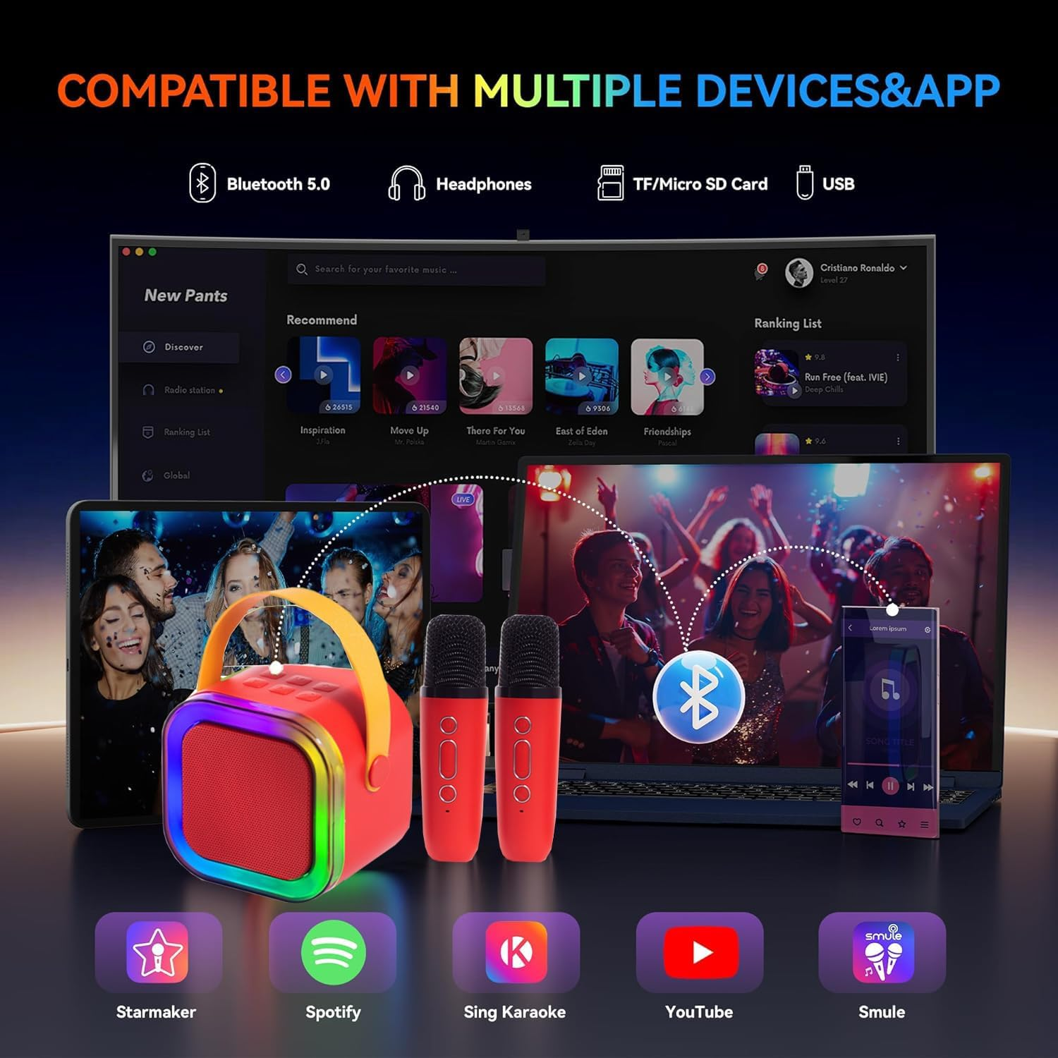 Kids Karaoke Machine, Adult Karaoke Machine with 2 Wireless Microphones, Portable Bluetooth Speaker Gift with Colorful Lights for Boys Girls Toy Family Train Dance Guide Party (Red) image number 3