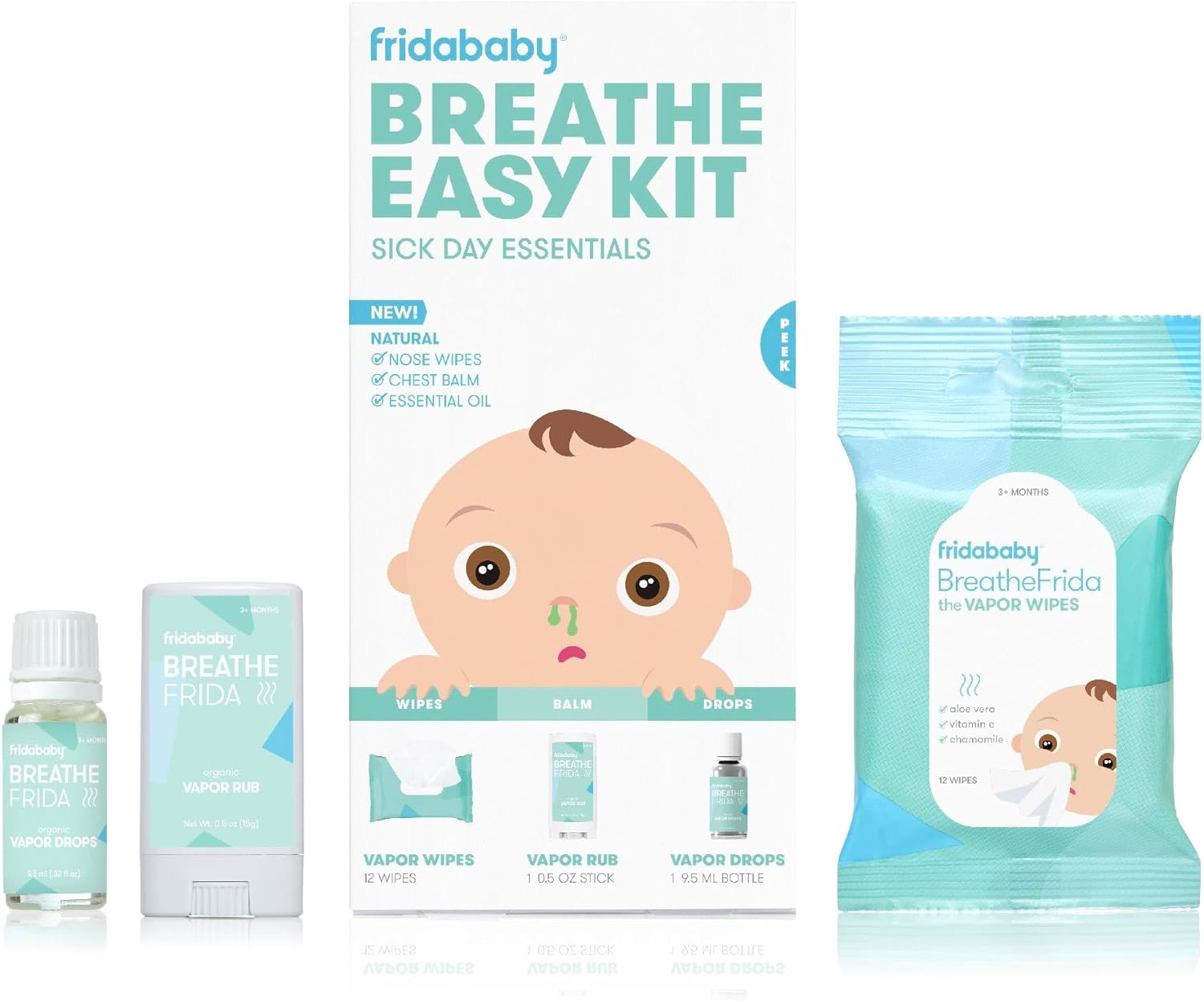 Baby & Toddler Breathe Easy Kit Sick Day Essentials by Fridababy- a Must-Have Set Includes Natural Nose & Chest Wipes, Organic No-Mess Chest Balm, & Organic Essential Oil for Bath or Diffuser image number 3
