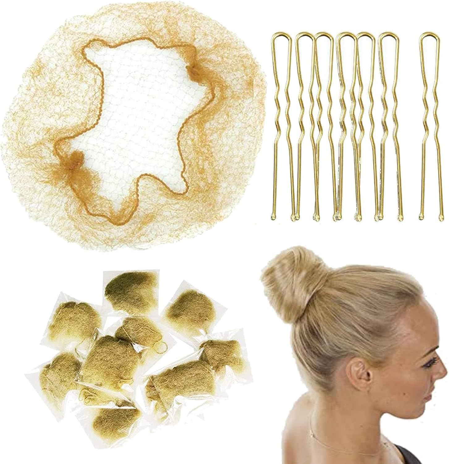 Invisible Hair Nets and U Shaped Hair Pins Set, Blonde Hair Nets 50Pcs Elastic Edge Mesh Hair Nets & 50Pcs U Shaped Bobby Pins for Ballet Girl Kids Women Hair Bun (With Storage Box)) image number 3
