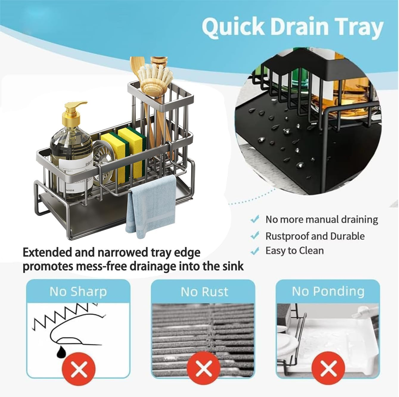 Rust-Resistant Kitchen Sink Organizer | Self-Draining 45&deg; Drip Tray & Detachable Brush/Scrubber Holder | Towel Rack, Sponge Storage & Space-Saving Design for Sink Accessories image number 4
