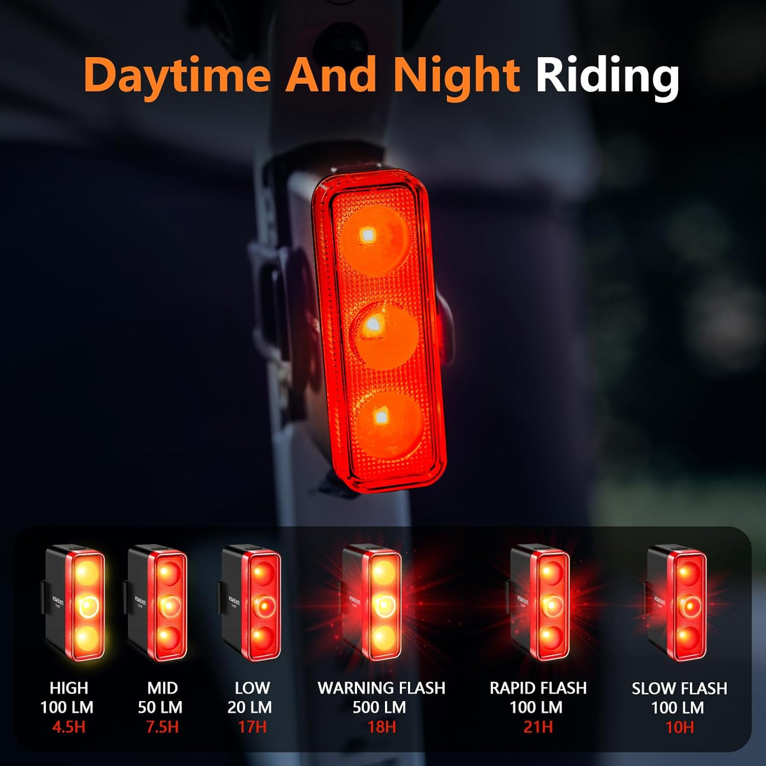 RAVEMEN TR500 500 Lumens Bike Tail Light for Daytime Night Riding, Brake Sensing Bike Rear Light with Side Visibility, 6 Light Modes, USB C Rechargeable Fit Round/Aero Seat Posts image number 4
