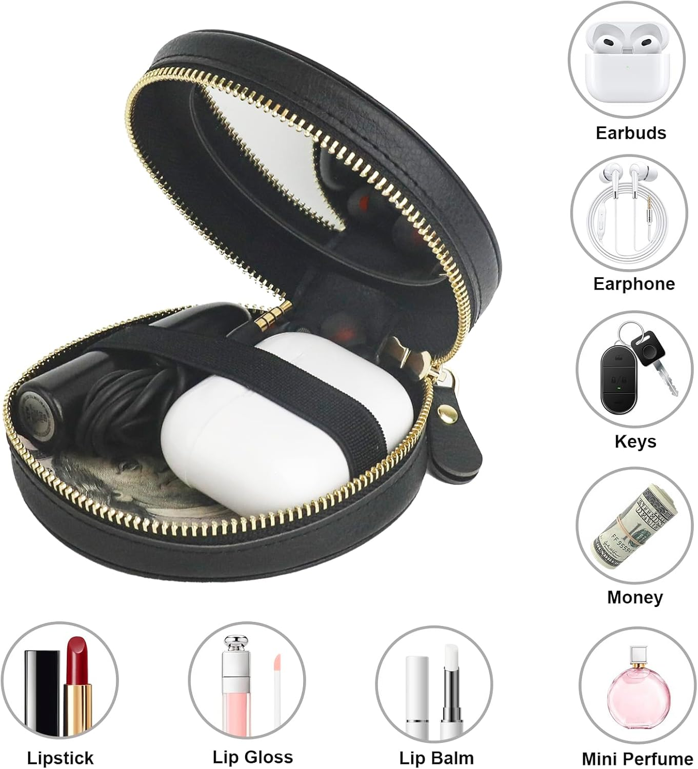 Bocasal Coin Pouch Mini Lipstick Cosmetic Bag with Airtag Holder Mirror, Leather Zipper Travel Makeup Bag Organizer Keychain Ring Clasp for Keys Earbuds Earphone Lip Gloss Chapstick Women Girls, Black - Black image number 6