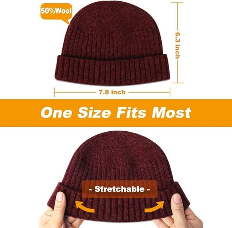 Xyzabcds Wool Knit Trawler Beanie Hat, Short Fisherman Skull Cap Knit Cuff Beanie Cap for Men Woman