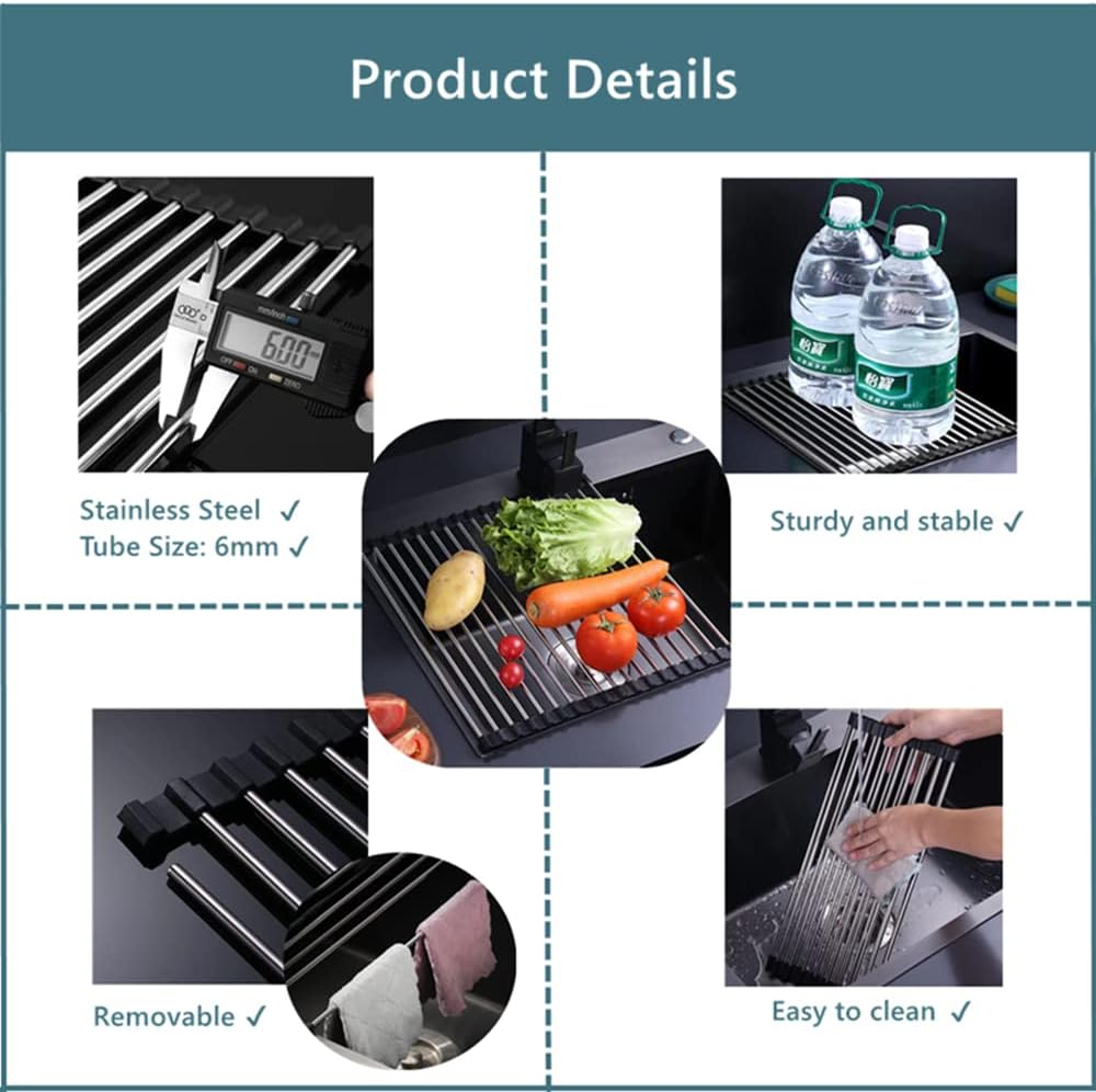 Dish Drying Rack Roll Up, over the Sink Dish Drying Rack Kitchen Rolling Dish Drainer, Foldable Sink Rack Mat Stainless Steel Dish Drying Rack for Kitchen Sink Counter Storage Organizer image number 2