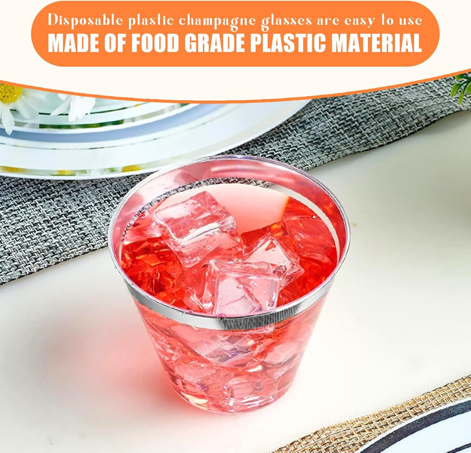 100 Pcs Plastic Cups,Reusable Drinking Cups with Silver Trim,270 Ml Elegant Party Wine Glasses Tumblers Shot Cups Party Cups Plastic for Home Decoration Party Wedding Birthday Camping(9 OZ) image number 4