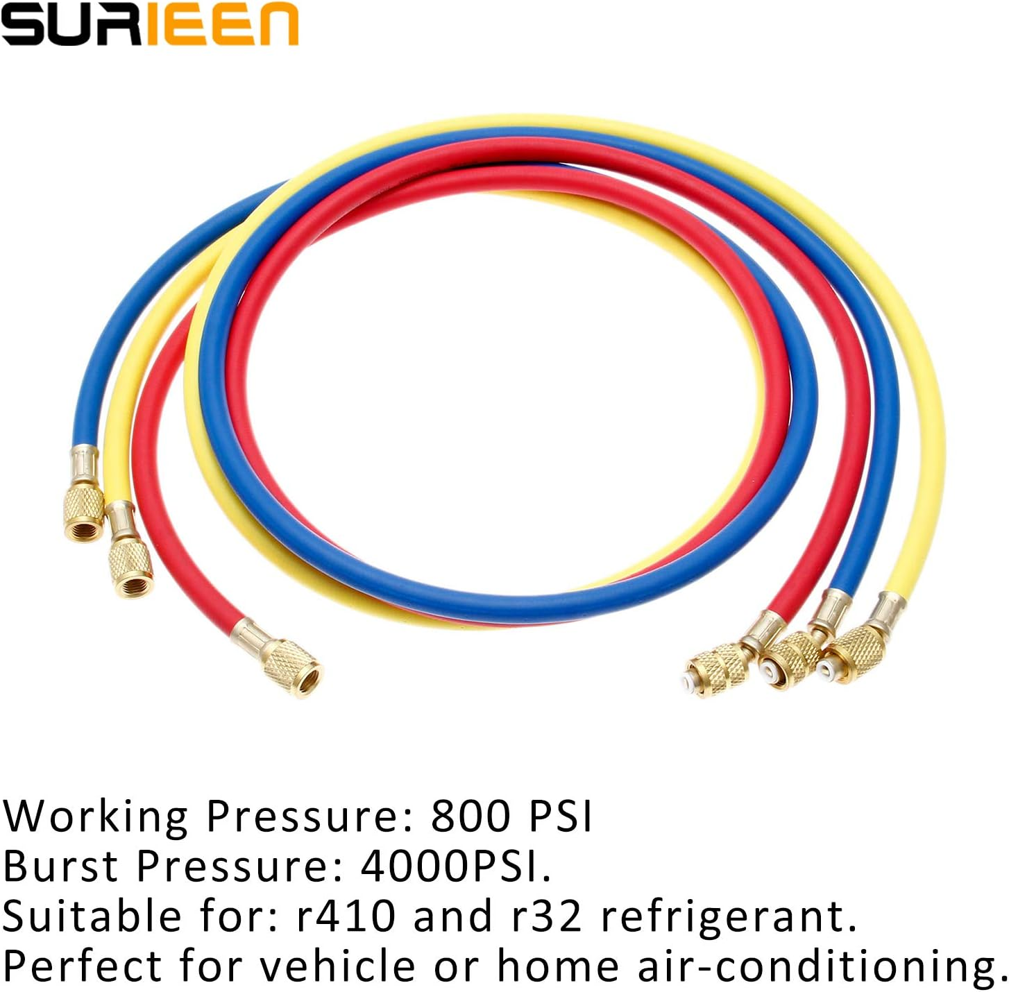 R410 Refrigerant A/C Charging Hose Tube Set (4000~800) PSI 1/4" SAE-5/16 SAE Thread 60" 5Ft 3 Colors, Fits for HVAC Air Condition R410 R32 Refrigerant Manifold Gauge, Set of 3 image number 6